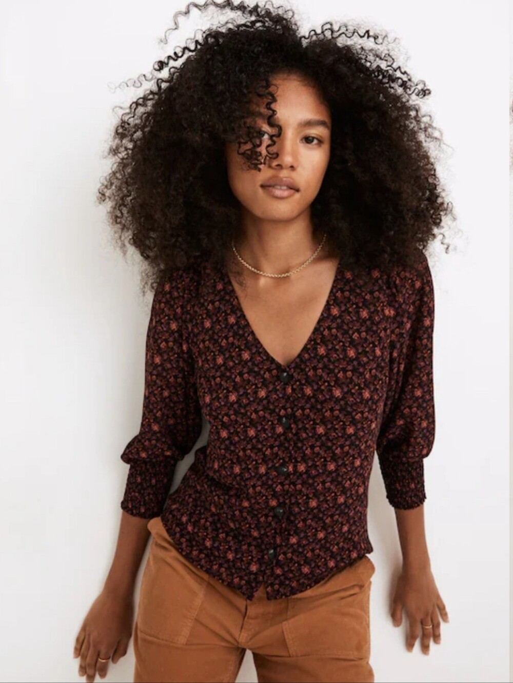 Madewell Georgette Smocked Cuff Orchard Floral V-Neck Blouse Size Small